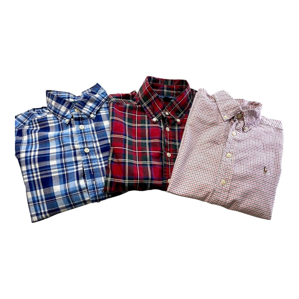 3 Ralph Lauren Boys Classic Plaid Button Down Shirts Bundle Logo Size 8 READ